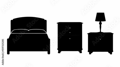 Silhouette of a bedroom set including a bed with pillows, a nightstand with drawers, and a lamp on a table | editable eps vectors
