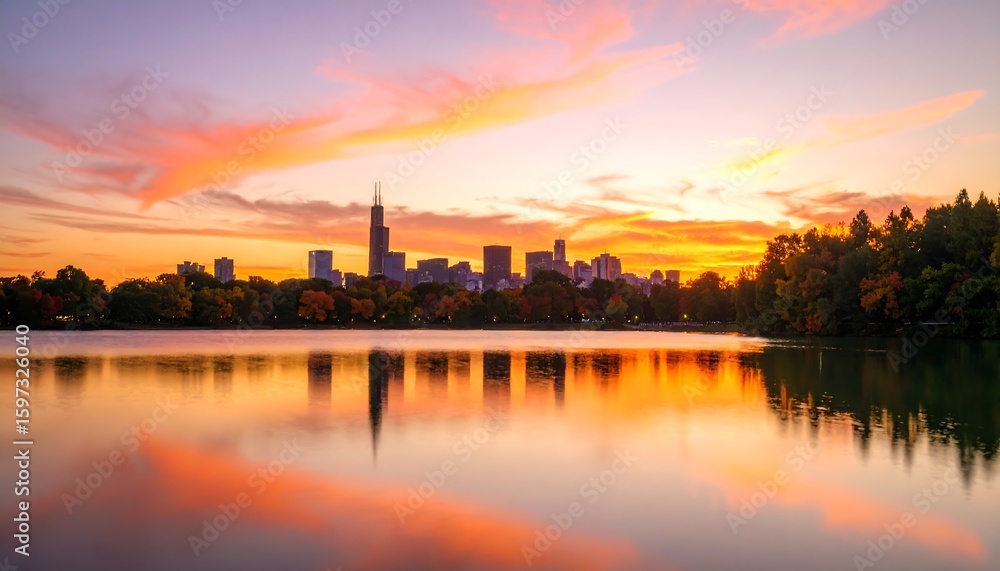 Fototapeta premium City skyline reflected in tranquil lake at sunset