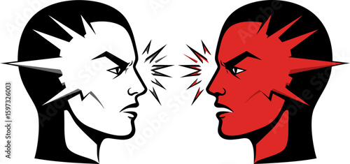 A metaphor for toxic communication and intense conflicts between colleagues. The two heads in profile with barbed words symbolize aggressive communication and mutual accusations.
