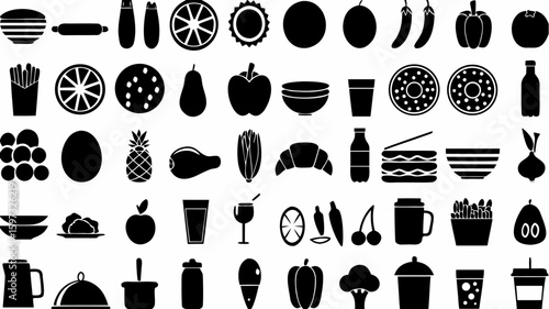 Illustration of various food and drink items including fruits vegetables and prepared dishes in black silhouette | editable eps vectors