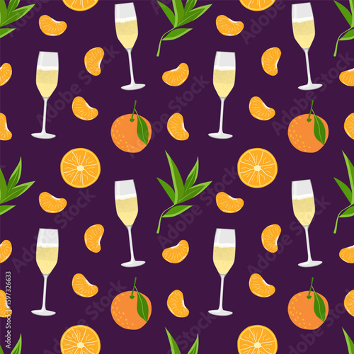 Festive seamless vector pattern with champagne glasses, oranges, tangerine slices and leaves.Mobile