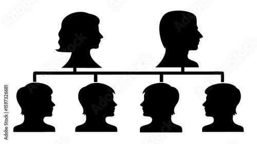 Family tree diagram showing silhouettes of a mother, father, and their four children in black and white | editable eps vectors