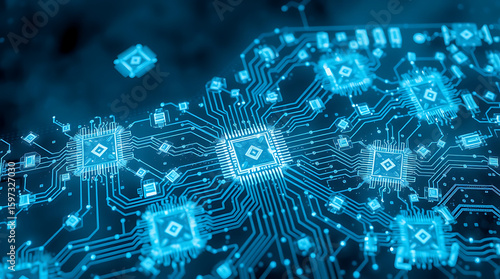 Close-up of a glowing blue circuit board with integrated microchips, showing intricate details.