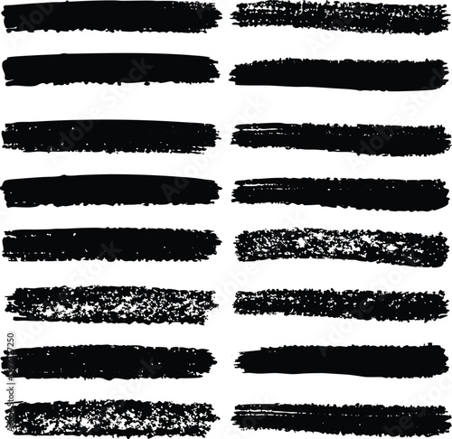 Set of grunge black paint splashes, brushes, and stroke elements for design borders and banners
