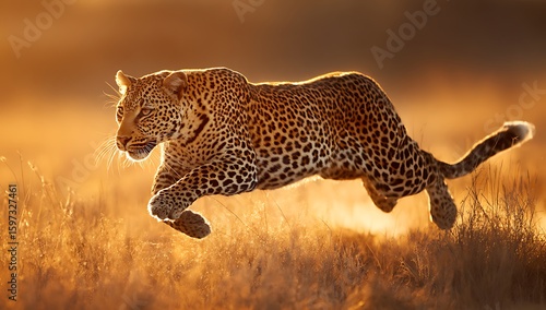 Majestic Leopard in a Powerful Leap at Sunrise, A stunning close-up of a leopard in mid-leap, captured during the golden hour of sunrise.