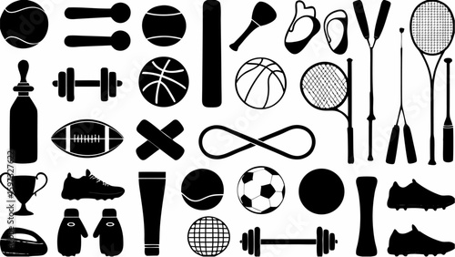 Black and white silhouette illustration featuring various sports equipment and fitness related items design | editable eps vectors