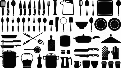 Collection of kitchen utensils and cooking tools including knives, pots, pans, spoons, and other items | editable eps vectors