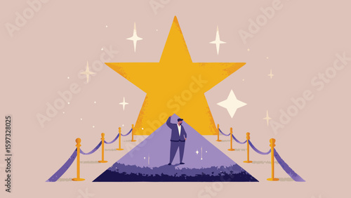 A man in a suit standing on a purple carpet with a large golden star in the background and stanchions