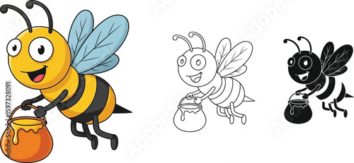 Cartoon bee carrying honey pot vector illustration for kids coloring page and educational purposes