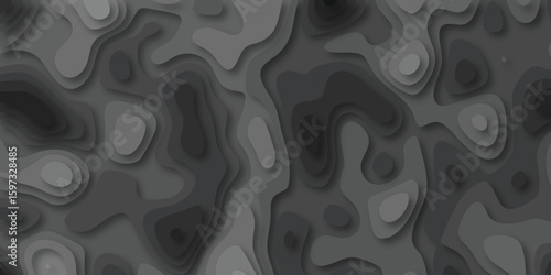 Abstract topographic background depicting grayscale layered paper art representing landscape topography with 3d effect and shadows.