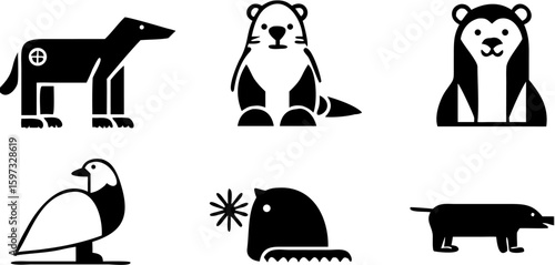 Collection of six stylized black and white animal icons including a dog otter bear goose seal and badger | editable eps vectors silhouette