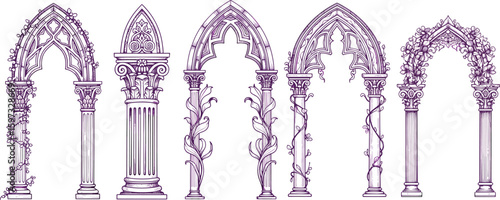 Architectural arch and column set, gothic and classical styles, intricate vine detailing, elegant structural illustration, historical and fantasy design elements, creative template artwork