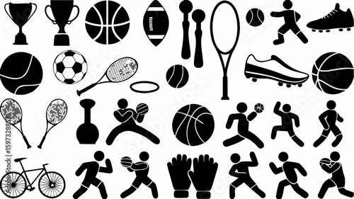 Silhouette collection of various sports equipment and athletes engaging in different sports activities | editable eps vectors