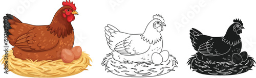 Hen nesting illustration set in color line art and silhouette for farm animal graphic design needs