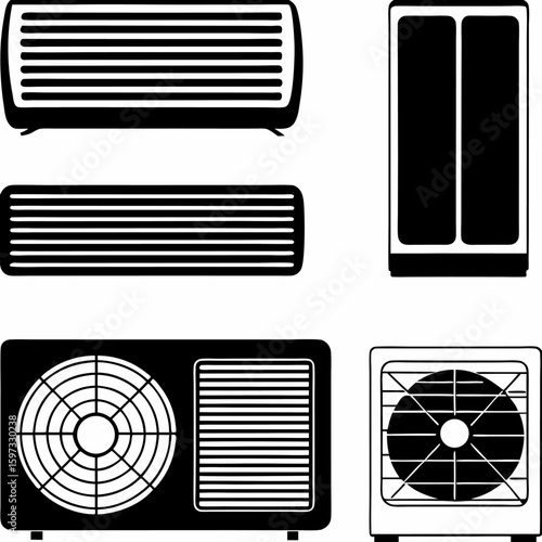 Illustration of air conditioning units and a refrigerator in a black and white minimalist style design | editable eps vectors silhouette