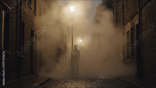 Foggy Alleyway at Night with a Figure Beneath a Lamp Post, The Ghostly Figure in the Foggy Alley, Emotional Lyric Video Backgrounds