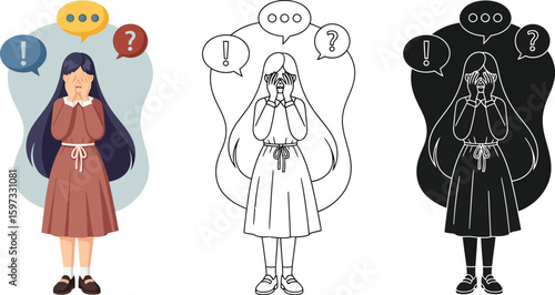 Illustrating anxiety and mental health: a girl overwhelmed with thoughts, questions, and exclamation
