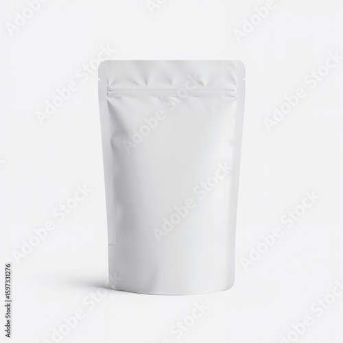 White stand-up pouch bag packaging mockup with realistic shadows and isolated white background for product presentation

