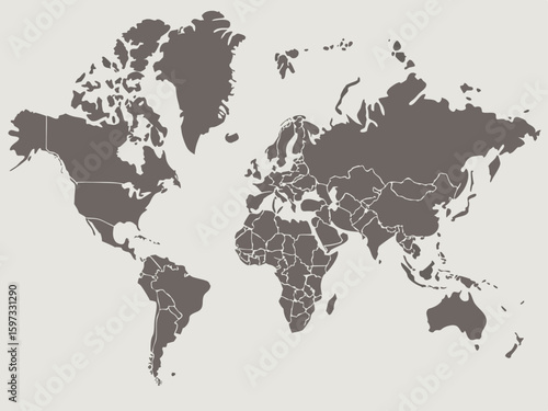 A world map illustration showing continents and countries in a muted gray color scheme on a light background | editable eps vectors silhouette