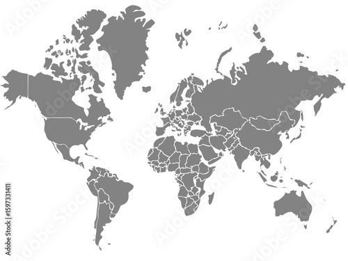 A world map illustration with country borders displayed in gray against a white background showing continents | editable eps vectors silhouette