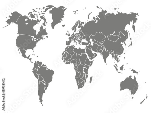 Gray political world map with country borders displayed on a white background in a vector graphic style | editable eps vectors silhouette