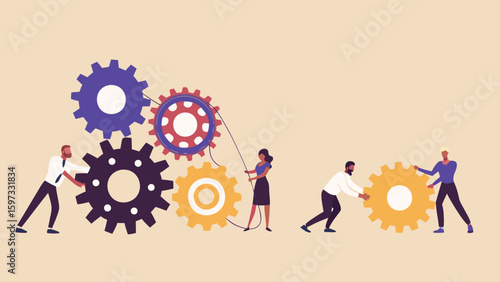 Teamwork illustration showing people connecting gears to achieve a common goal and collaborative effort