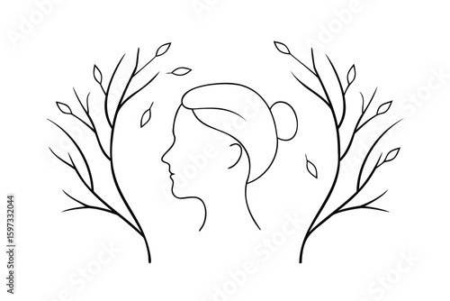 Hand drawn line art profile a woman with branches leaves face head