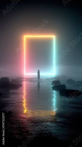 霧の海に立つ女性とネオンの門 | Woman Standing in Misty Sea with Neon Gate