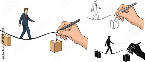 Business risk management concept: businessman walking on tightrope drawn by hand with pen illustration