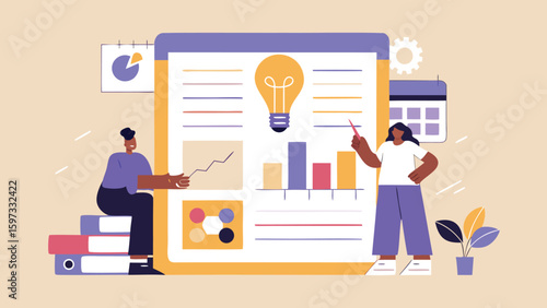 Two people presenting business data with charts and graphs on a large screen with a light bulb idea