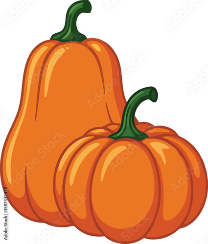 Illustration of two orange pumpkins, one tall and gourd-shaped, the other round and squat, with green stems.