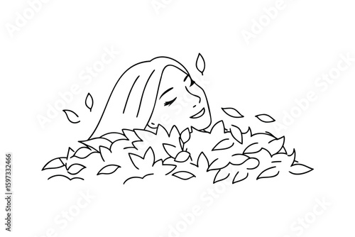 Handdrawn continuous line drawing a woman submerged in leaves with closed eyes face