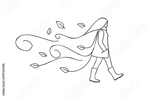 Handdrawn continuous line drawing a woman walking with wind blowing leaves vector