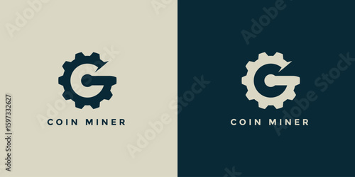 Blockchain meaning technology logo design. Renewable cryptocurrency mining vector design. Landscape with gear and digital coin logotype
