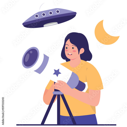 Space Activity Illustration. Vector illustration of A young girl observes the night sky through a telescope while a UFO appears above her in a mysterious scene. Isolated on background