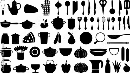 Silhouette collection of kitchenware and food items including utensils and various ingredients | editable eps vectors