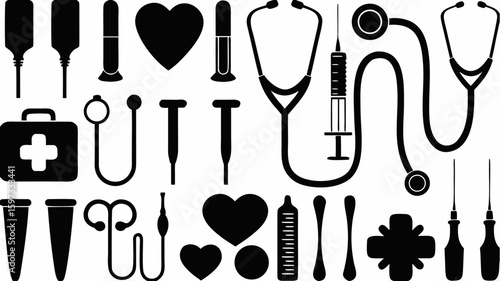 Illustration showing various medical equipment and symbols in black silhouette style on white background | editable eps vectors
