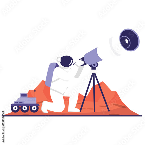 Space Activity Illustration. Vector illustration of An astronaut kneels on a planet surface using a telescope to observe distant space objects. Isolated on background