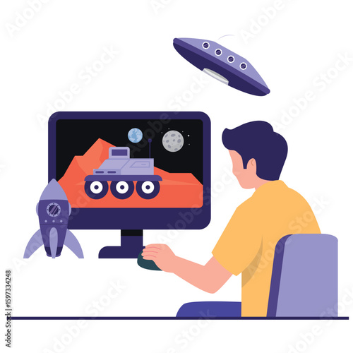 Space Activity Illustration. Vector illustration of A person remotely operates a space rover using a desktop computer while a UFO floats nearby. Isolated on background
