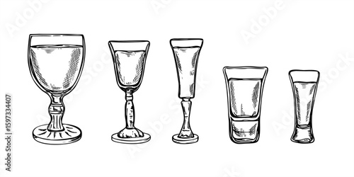 Monochrome shot glasses and liquor cups for limoncello, vodka, and spirits vector set illustration painted by black inks. Dinking glass clip art for bar menus, alcohol branding, party invitation.