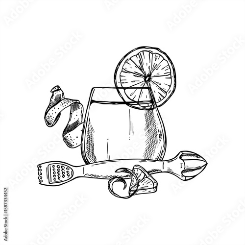 Monochrome glass with citrus drink, lemon slice, zest, peel and zesting tool vector line ink illustration. Healthy drink rich in vitamin C etching drawing for cooking blogs, dieting food design