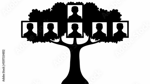 A genealogical tree with portrait frames displaying silhouettes of family members in black and white style | editable eps vectors