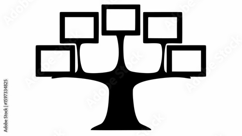 Black silhouette of a family tree with five picture frames attached to the branches on a white background | editable eps vectors