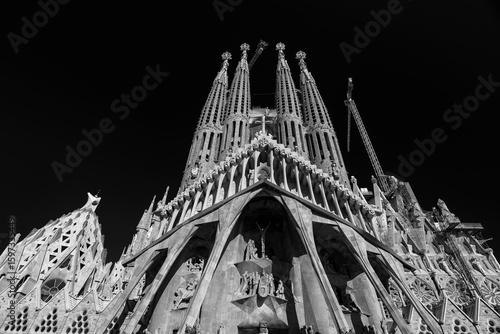 Passion Façade of Sagrada Familia, the cathedral designed by Gaudi in Barcelona, Spain (black & white)