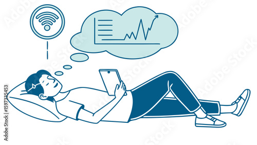 Relaxing Man Engaged with Tablet, Home Environment, Illustration, Digital Connectivity Concept