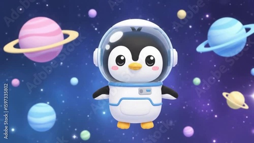 Cartoon Penguin Astronaut Floating Among Planets and Stars in Outer Space Animation