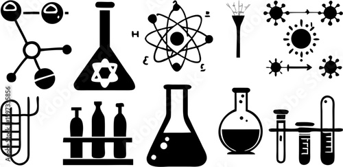 Illustration featuring various scientific laboratory equipment and molecular structures in black and white | editable eps vectors silhouette