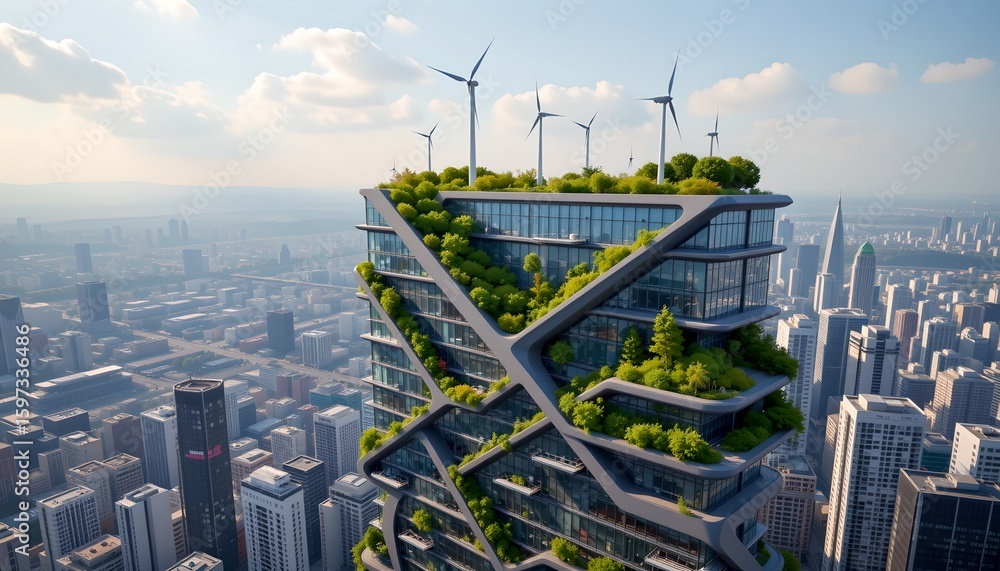 Fototapeta premium Modern Skyscraper With Diagonal Sky Gardens, Wind Turbines On Rooftop, Eco City Of The Future.