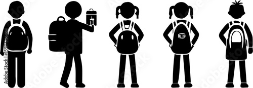 Silhouettes of students with backpacks and lunchbox ready for school representing education and learning | editable eps vectors