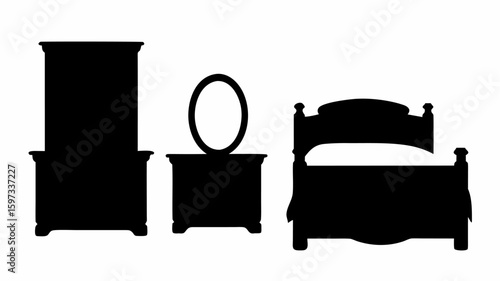 Silhouette depiction of a bedroom set including a wardrobe dresser and a bed in a simple design style | editable eps vectors